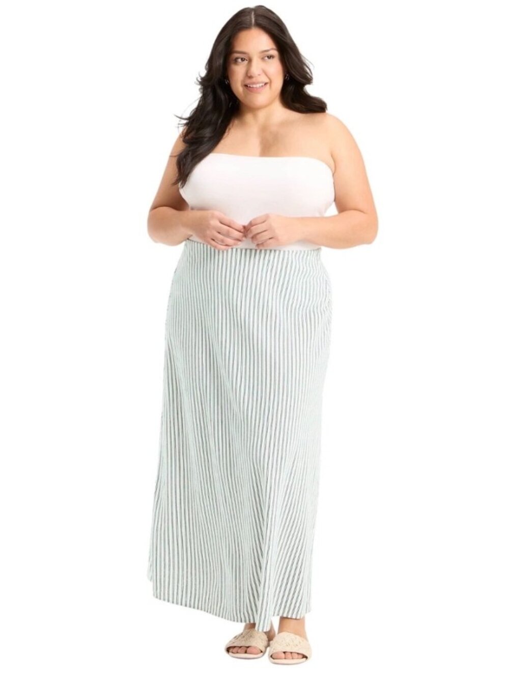 a new day Maxi Skirt Large White Blue Stripe Linen Rayon Blend